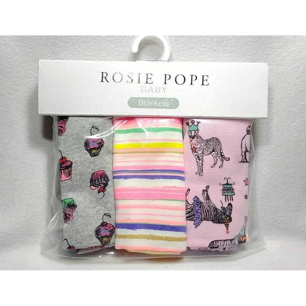 ROSIE POPE 3pc Party Animal Cupcake Swaddle Blanket Headband Lot Bow Cotton‎ NEW